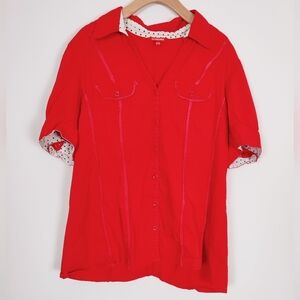 Le Grenier Red Fitted Button-Down Blouse with Polka Dot Trim Size XL Denim Look